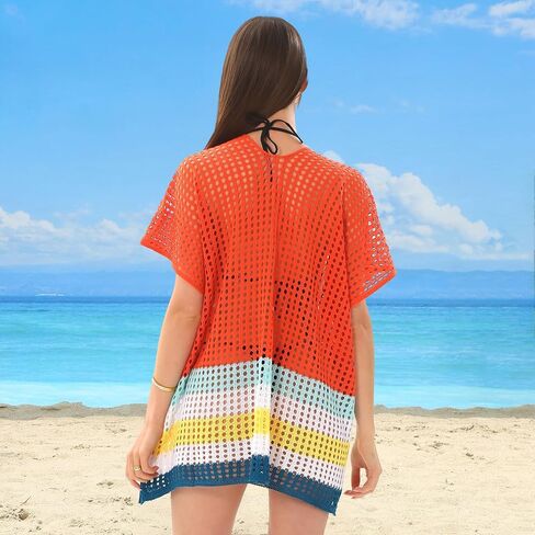 Women Swimsuit Crochet Swim Cover Up Beach Bathing Suit Swimwear Mesh Knit Short Sleeve Beach Dress Vacation in Kuwait