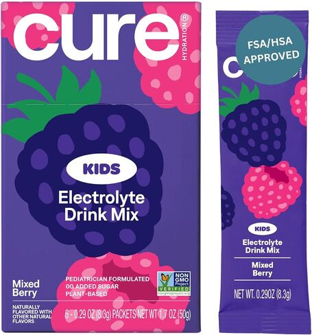 Cure Hydration - Kids Electrolyte Drink Mix | Plant-Based Pediatrician Formulated Rehydration | No Added Sugar, Non-GMO, Gluten-Free, No Artificial Flavors, FSA-HSA | Box of 6 Packets - Pink Lemonade in Saudi Arabia