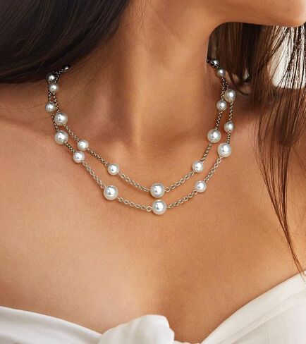 Gold Pearl Necklace for Women, Chunky 18K Gold Plated Layered Pearl Necklaces for Women Trendy Double Layered Pearl Choker Necklace Chain Pearl Necklace for Women Gold Jewelry Birthday Gifts in Saudi Arabia