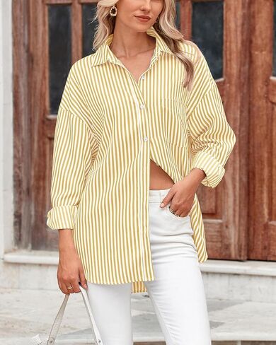 قمصان نسائية BTFBM بأزرار سفلية، قميص مخطط بأكمام طويلة، كاجوال بياقة في العمل المكتبي، بلوزات فضفاضة تناسب الجيب in Kuwait