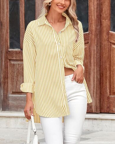 قمصان نسائية BTFBM بأزرار سفلية، قميص مخطط بأكمام طويلة، كاجوال بياقة في العمل المكتبي، بلوزات فضفاضة تناسب الجيب in Kuwait