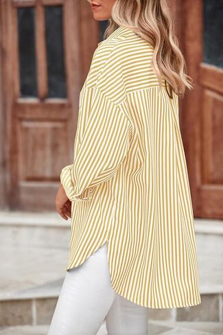 قمصان نسائية BTFBM بأزرار سفلية، قميص مخطط بأكمام طويلة، كاجوال بياقة في العمل المكتبي، بلوزات فضفاضة تناسب الجيب in Kuwait