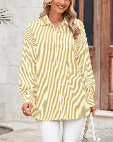 قمصان نسائية BTFBM بأزرار سفلية، قميص مخطط بأكمام طويلة، كاجوال بياقة في العمل المكتبي، بلوزات فضفاضة تناسب الجيب in Kuwait