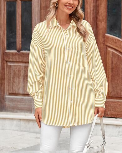 قمصان نسائية BTFBM بأزرار سفلية، قميص مخطط بأكمام طويلة، كاجوال بياقة في العمل المكتبي، بلوزات فضفاضة تناسب الجيب in Kuwait