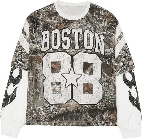 Men's Camo Jerseys Shirt Letter Print 2 in 1 Sweatshirts Graphic Long Sleeve Crewneck Camouflage Hunting Tops in Saudi Arabia