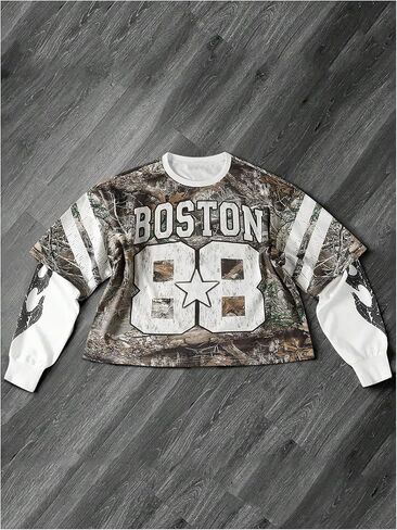 Men's Camo Jerseys Shirt Letter Print 2 in 1 Sweatshirts Graphic Long Sleeve Crewneck Camouflage Hunting Tops in Saudi Arabia