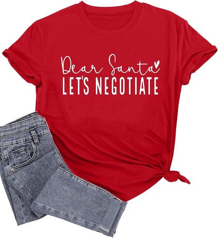 Christmas Shirts for Women Funny Saying Graphic Tees Dear Santa, Let's Negotiate Letter Print Short Sleeve Xmas Holiday Tops in Kuwait