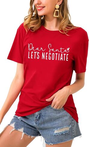 Christmas Shirts for Women Funny Saying Graphic Tees Dear Santa, Let's Negotiate Letter Print Short Sleeve Xmas Holiday Tops in Kuwait
