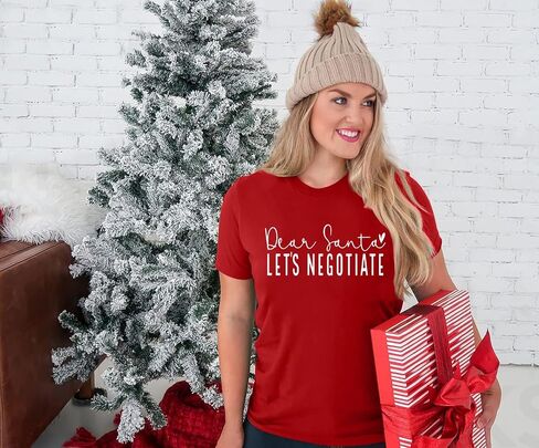 Christmas Shirts for Women Funny Saying Graphic Tees Dear Santa, Let's Negotiate Letter Print Short Sleeve Xmas Holiday Tops in Kuwait