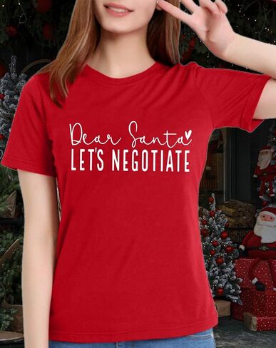 Christmas Shirts for Women Funny Saying Graphic Tees Dear Santa, Let's Negotiate Letter Print Short Sleeve Xmas Holiday Tops in Kuwait