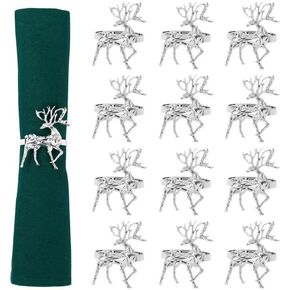 Christmas Napkin Rings Set of 12,Xmas Silver Deer Napkin Ring Set,Reindeer Napkin Buckles Holders for Christmas,Thanksgiving,Harvest,Dinner Party,Birthday,Table Decoration