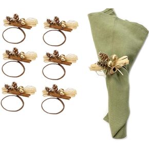 Angel Isabella Christmas Collection Rings - حامل منديل القماش لإعداد الطاولة - القرفة المعبأة خشب الصنوبر مخروط بري رافيا ريندر ريندر - طاولة الطعام (6 -PK ، التوت الذهبي)