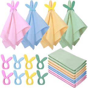 Sratte 8 Sets Easter Cloth Napkin with Wooden Bunny Napkin Ring Set Reusable Pastel Cotton Fabric Spring Cocktail Napkin Bunny Napkin Ring Holders for Spring Wedding Dinner Table(Simple Styles)