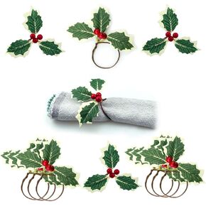 12 PCS Christmas Napkin Rings Holder Leaf Napkin Rings Red Berry Napkin Rings Holiday Napkin Holder for Dinner Table Decorations