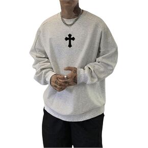 Floerns Men's Punk Cross Print Long Sleeve Pullover Tops Crew Neck Sweatshirt