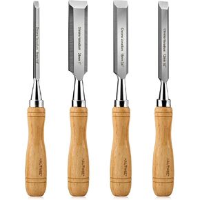 HAUTMEC 9.6in Wood Chisels 4 Pieces, Crv Steel Beveled Edge Blade, Beech Handle for Woodingworking and Carving (1/4-inch, 1/2-inch, 3/4-inch, 1-inch) HT0315