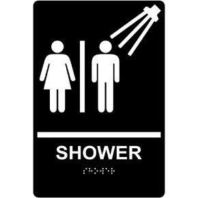 ComplianceSigns.com Shower Sign, ADA-Compliant Braille and Raised Letters, 9x6 inch White on Black Acrylic with Adhesive Mounting Strips