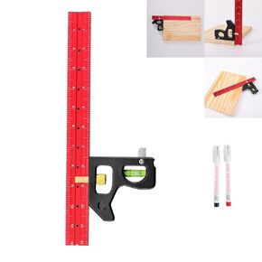 12 Inch Aluminum Combination Square, Heavy Duty Combo Squares, Adjustable Woodworking Measurement Carpentry Square with Bubble Vial for Accurate and 2 Pencils