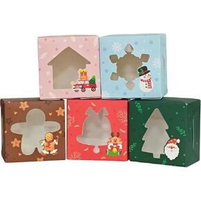 25pcs Christmas Cookie Boxes for Gift Giving Small 5 Design Exchange with Window Packaging for Desserts, Pastry, Auto-Popup Holiday Treat