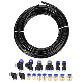 uxcell Pneumatic 8mm OD Polyurethane PU Air Hose Tubing Kit 10 Meters Black with 16 Pcs Push to Connect Fittings