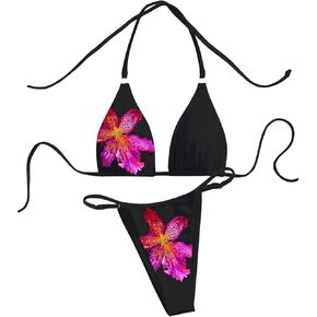 OYOANGLE Women's 2 Piece Floral Print Swimsuit Halter Triangle Bikini Top and Thongs Bathing Suits