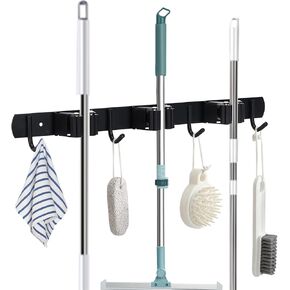 Broom Hanger Wall Mount Stainless Steel Broom Hanger Wall Mount 3 Racks with 4 Hooks Broom Holder Wall Mount for Kitchen Garden Laundry Garage - Black