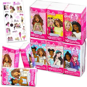 Barbie Pocket Size Facial Tissue Set - 12 Packs of 10 Sheets (120 Tissues) Plus Stickers | Barbie Disposal Tissues for Travel, School, Classroom