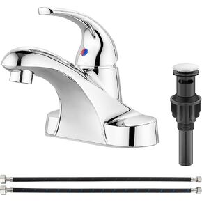 Aolemi Bathroom Faucets Arc 4 Inch Centerset Bathroom Sink Faucet Single Handle Vanity Faucet with Supply Lines,with Pop Up Drain Assembly,Polish Chrome