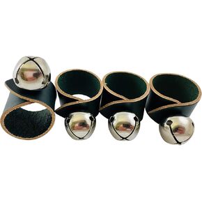 Sleigh Bells Napkin Ring Set for Christmas Holiday Tableware Brass Bell and Green Leather USA Made, Pack of 4