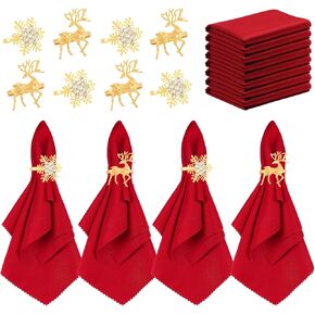 16 Pcs Christmas Napkin and Ring Set,8 Pcs Exquisite Christmas Napkin Ring Holder and 8 Pcs Red Washable Christmas Napkins Cloth for Holiday Dinner Party Table Decoration(Reindeer,Snowflake)