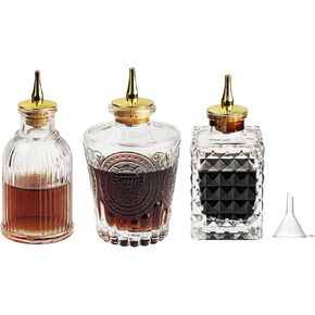 Bitters Bottle Set of 3, Glass Dasher Bottle, Decorative Professional Bar Tool for Cocktail Great for Bartender Home Bar Restaurant with Alloy Cap, Classical Styling