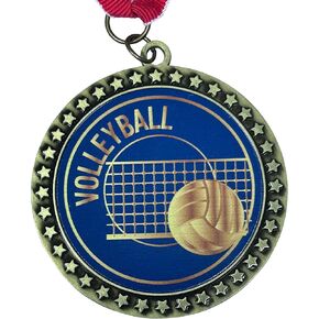 2-1/2 Inch Die-Cast Metal Volleyball Award Medal with Antique Gold Finish and Red White and Blue Neck Ribbon Trophy Medals Awards Indoor Outdoor Beach (Pack of 1)