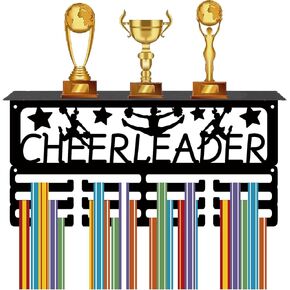 CREATCABIN Cheerleader Medal Hanger Display Trophy Shelf Cheerlead Medal Holder with Shelf Stand Sports 4 Rows Metal Hanging Wall Mount Frame Hold 70+ Medals for Competition Medals Rack 15.7x7.9Inch