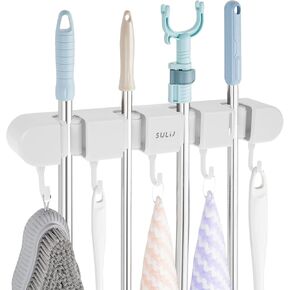 2PCS 4 Racks and 5 Hook Broom Mop Holder with Hooks Wall Mounted Broom Storage Rack No Drilling Self-Adhesive Mop Broom Organizer Mop Holder Hanger for Bathroom Office Kitchen Closet Garage,White