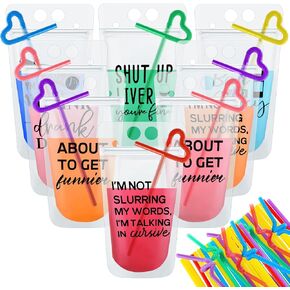 Patelai 24 Sets Drink Pouches with Straws Plastic Drink Bags with Reclosable Zipper Party Beverage Bags Juice Pouches for Adults(Black Letters)