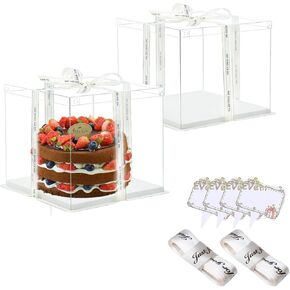 Clear Cake Box, 2 Pcs Transparent Cake Carrier Box with Lids, 6'' PET Cake Packaging Boxes with Ribbon Gift Card for Pastries, Clear Gift Boxes for Birthday, Wedding and Festival Party, White.