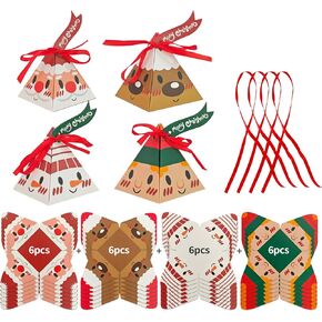 24PCS Christmas Candy Boxes, 4 Styles Christmas Treat Gift Boxes Xmas Paper Boxes with Ribbon Triangle Sweet Boxes for Christmas Party Supplies
