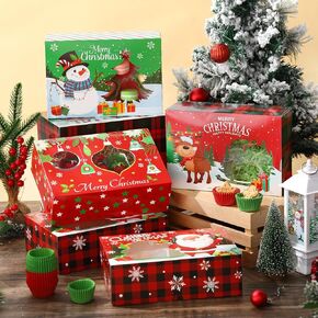 28 PCS Christmas Cookie Boxes with Lid و Mini Xmas Cupcake Liners مجموعة عيد الميلاد بوفالو باكري مخبز حاويات