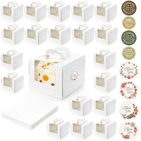 20 Pack Cake Boxes with Boards, 6 Inch Bakery Boxes with Clear Window, Stickers, Disposable Tall Square Cake Container for Cake, Donut, Pie, Cookies, Wedding, Birthday Party