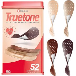 BioSwiss Truetone Variety Skin Tone Bandages with Brown Skin Tone Shades for True Color Matches, Latex Free, First Aid Tin, Standard Shape for Kids and Adults, 52 Pack