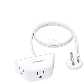 TROND Rightward Short Extension Cord 1.5ft - Flat Plug Power Strip 3 Prong, 3 Side Grounded Outlets, 13 Amps, SPT 16/3 Gauge Wire for Indoor Home Office Kitchen Cruise Ship Travel Essentials, White