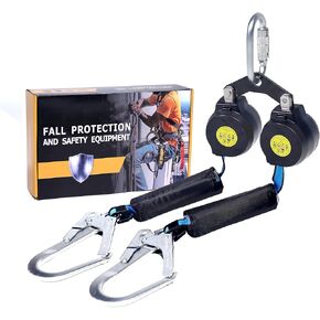 6 FT Dual Leg Self-Retracting Lifeline Web Lanyard Retractable, 2.36 inch Gate Opening Twin Steel Locking Hooks, Double Yoyo, Shock Absorber | Fall Protection OSHA & ANSI Compliant SRL