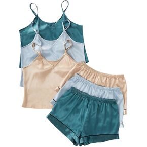 OYOANGLE Women's 6 Pieces Silk Satin Pajama Set Cami Top and Shorts Pjs Set Silky Nightwear
