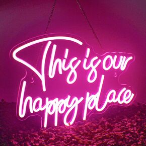 NOSUN This is Our Happy Place Neon Sign Pink Neon Signs for Wall Decor Pink Neon Light Sign with Dimmable Letter Neon Signs for Bedroom Bar Party Club Home Wedding Birthday Party LED Neon Decorations