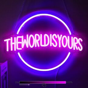 The World Is Yours Neon Sign, Neon Signs for Wall Decor, Neon Dimmable Blue LED Signs Bedroom, Neon Planet Light Up Signs Home Accessories Man Cave Beer Bar Wedding Birthday Party Decor Gift