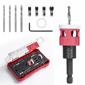 5 Pcs Countersink Drill Bit Set with Low Friction Depth Stop,Countersink Bit Replaceable HSS M2 Tapered Bits,Carbide Drill Bits 1/4" Hex Shank for Woodworking Tools (Red)