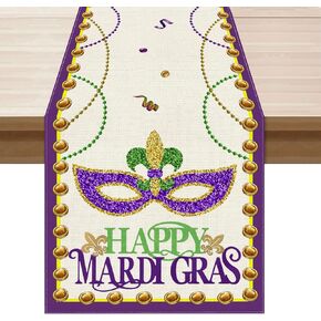 Happy Mardi Gras Fleur De Lis Iris Masquerade Mask Beads Cloth Table Runner Burlap Table Decoration for Home Kitchen Dining Dinner Indoor Holiday Farmhouse Decor 13x72 Inch