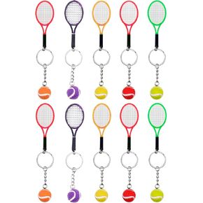 10Pcs Mini Tennis Racket Keychain Key Ring, Fashionable Alloy Tennis Ball Split Ring Keychain for Sport Lovers Team