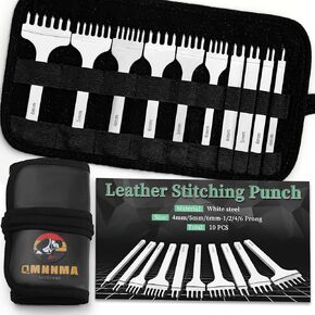 QMNNMA 10Pcs Leather Stitching Punch, Leather Hole Punch Set Diamond Stitching Chisel Set, Multiple Sizes White Steel 1/2/4/6 Prong Leather Chisel with Storage Bag for Leather Craft