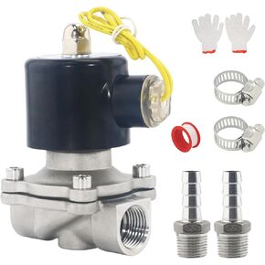 1/2 Inch Stainless Steel Electric Solenoid Valve 110V AC Normally Closed, Includes of 2 Fittings, Tape, 2 Clamps, 1 Pair of Gloves for Water, Air, Diesel